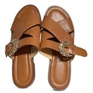 Michael Michael Kors Women's Frieda Slide Brown Acorn Jeweled Buckle Sz 7.5 EUC